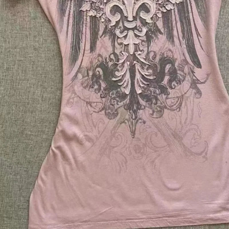 Y2K Vintage V-Neck Graphic T-Shirt – Punk Chic Streetwear Tee