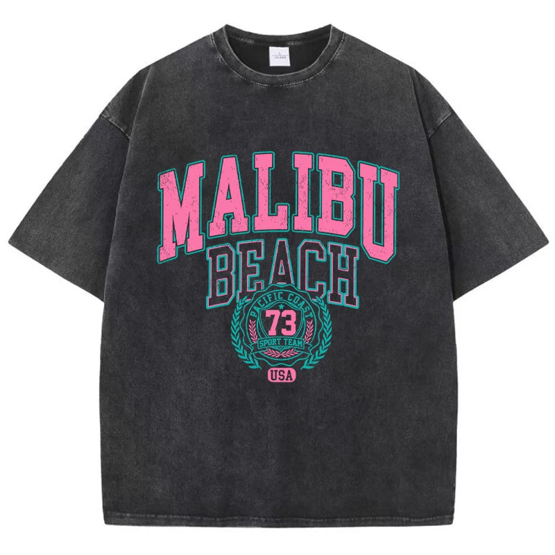 Malibu Beach Vintage Washed T-Shirt – Oversized Coastal Streetwear Tee
