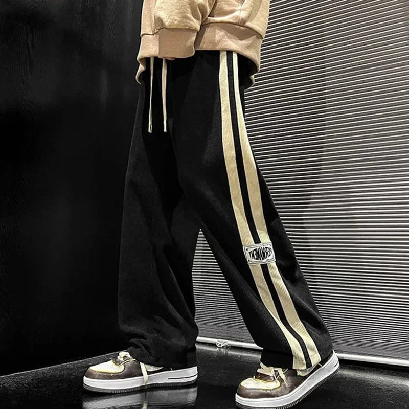 Men’s Wide-Leg Corduroy Pants – Korean Streetwear Striped Loose Trousers