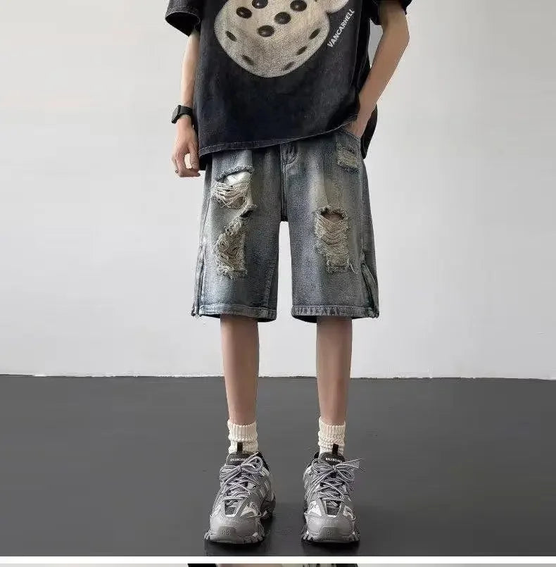 Men’s Ripped Denim Bermuda Shorts – Gothic Streetwear Knee-Length Jorts