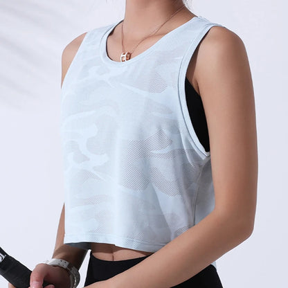 Women’s Camouflage Crop Tank Top – Sleeveless Mesh Yoga & Gym Vest
