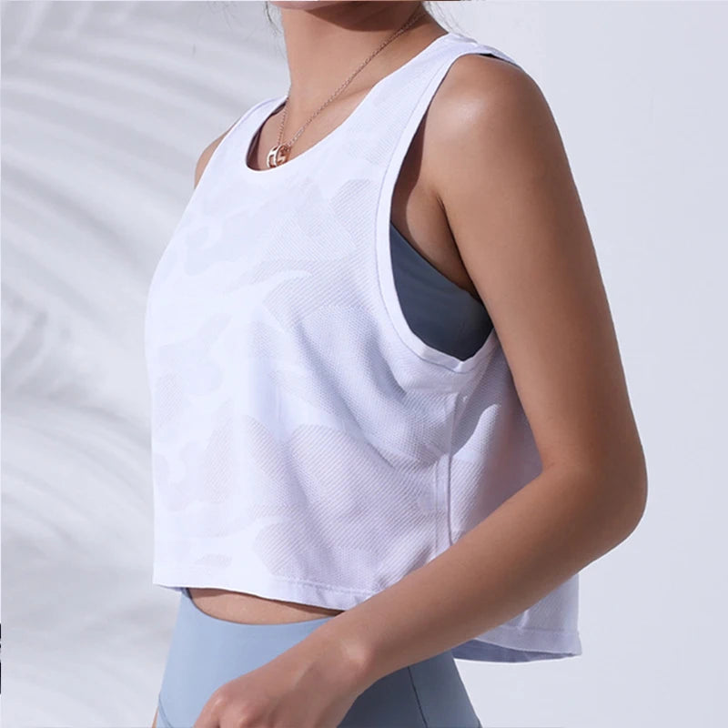 Women’s Camouflage Crop Tank Top – Sleeveless Mesh Yoga & Gym Vest
