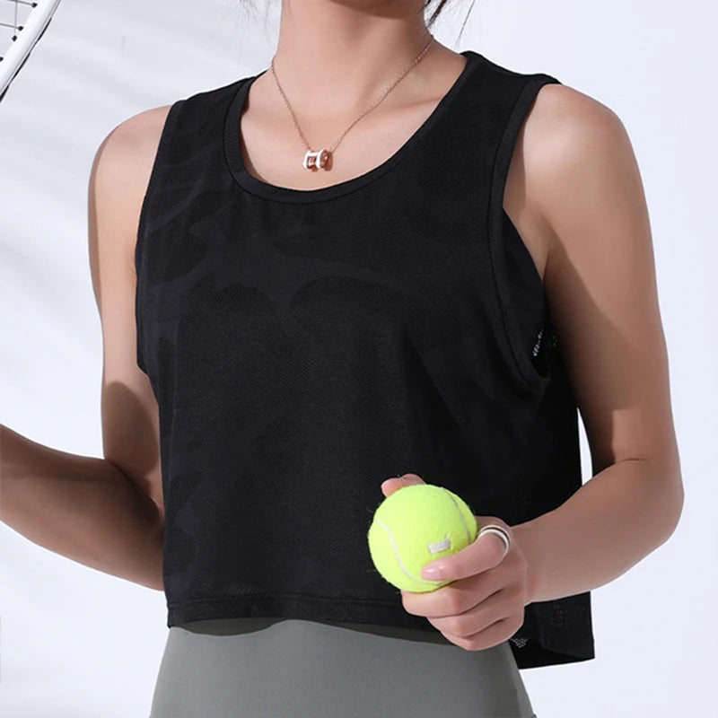 Women’s Camouflage Crop Tank Top – Sleeveless Mesh Yoga & Gym Vest