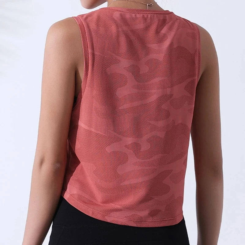 Women’s Camouflage Crop Tank Top – Sleeveless Mesh Yoga & Gym Vest