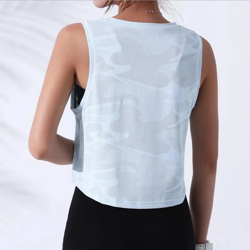Women’s Camouflage Crop Tank Top – Sleeveless Mesh Yoga & Gym Vest