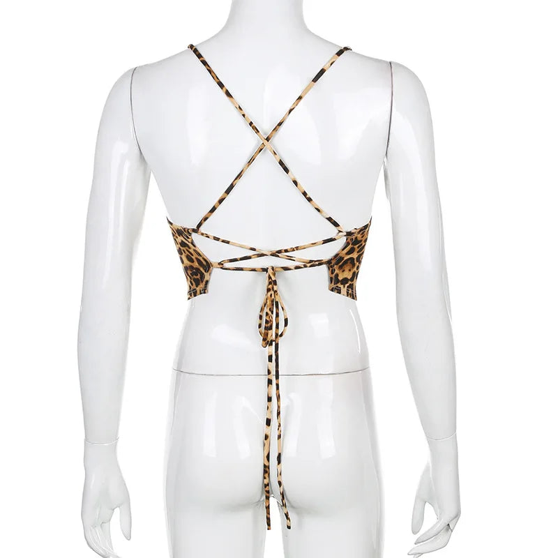 Leopard Lace-Up Crop Top – Backless Rave Streetwear Tank