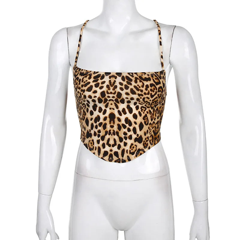 Leopard Lace-Up Crop Top – Backless Rave Streetwear Tank