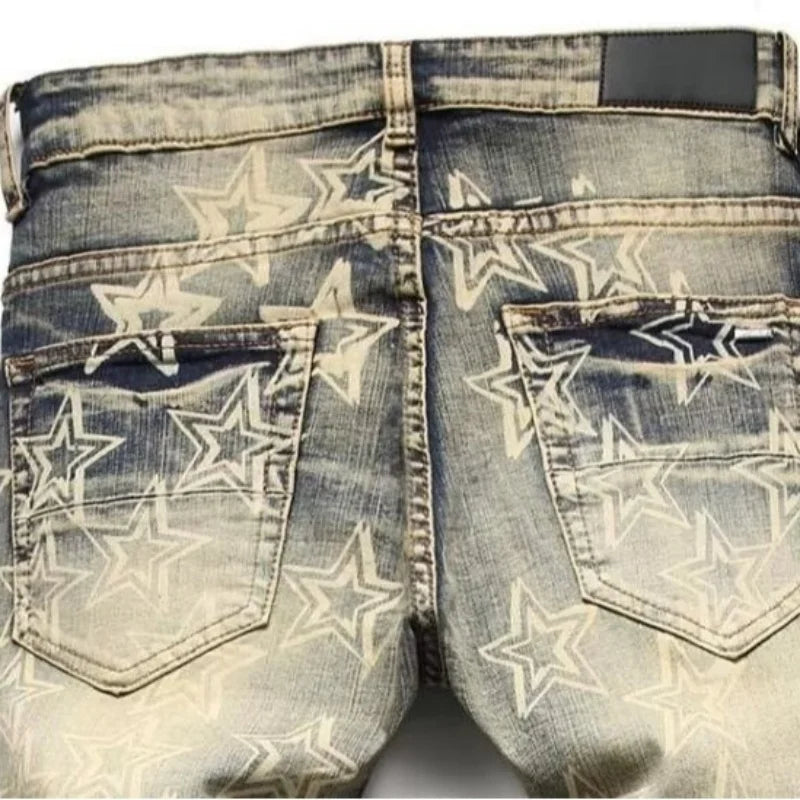 Men’s Distressed Slim Fit Jeans – Punk Rock Star Print Streetwear Denim