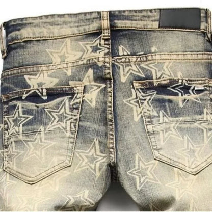 Men’s Distressed Slim Fit Jeans – Punk Rock Star Print Streetwear Denim