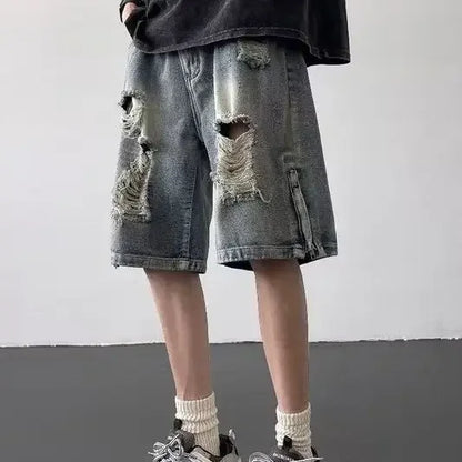 Men’s Ripped Denim Bermuda Shorts – Gothic Streetwear Knee-Length Jorts