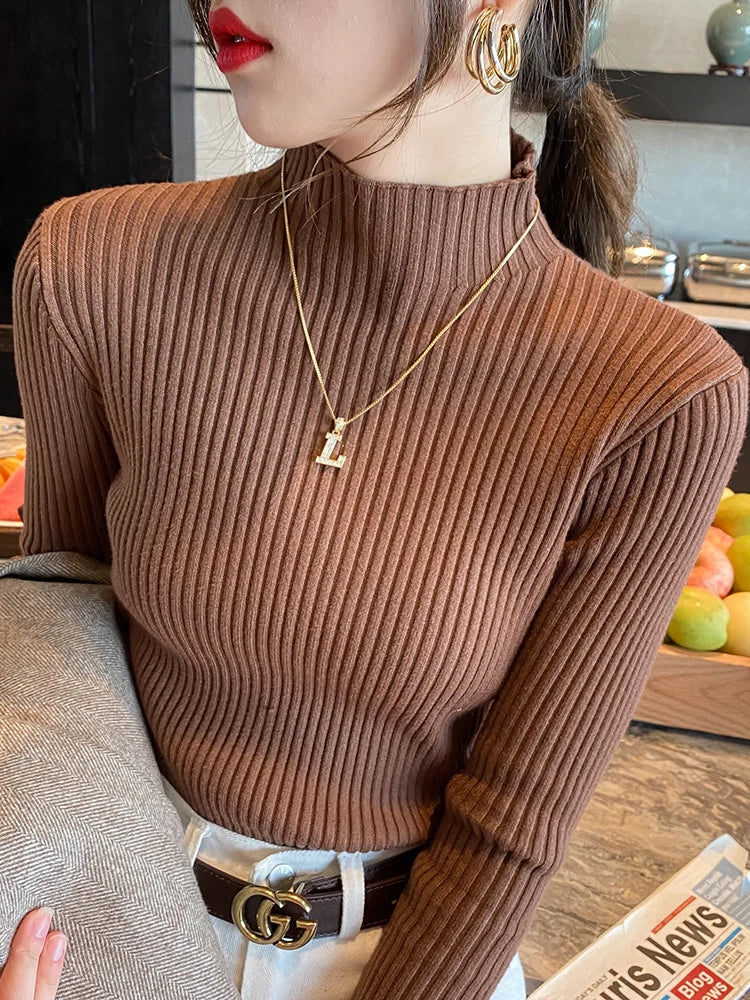 Women’s Minimal Mock Neck Knit Top – Slim Fit Long Sleeve Sweater