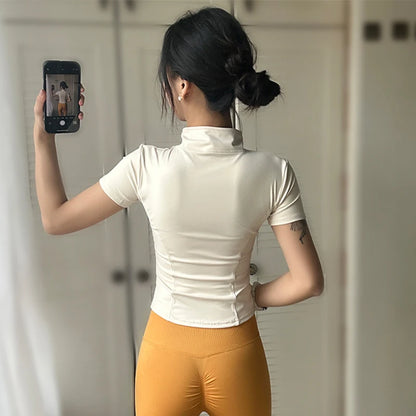 Women’s Slim Fit Stand Collar Yoga Top – Zip-Up Short Sleeve Training Shirt