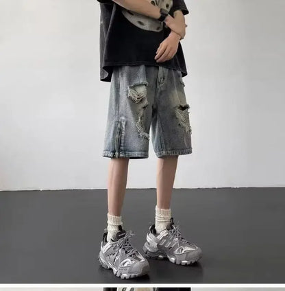 Men’s Ripped Denim Bermuda Shorts – Gothic Streetwear Knee-Length Jorts
