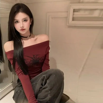 Y2K Gothic Off-Shoulder Top – Grunge Fairycore Long Sleeve Tee