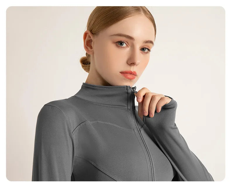 Women’s Stand Collar Yoga Jacket – Slim Fit Zip-Up Gym & Pilates Top with Thumb Holes