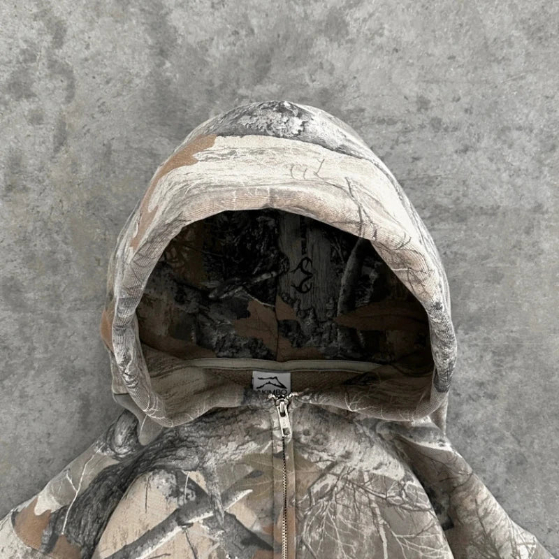 Oversized Camouflage Zip-Up Hoodie – Y2K Hunter Streetwear Jacket