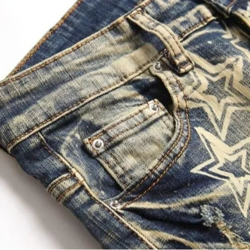 Men’s Distressed Slim Fit Jeans – Punk Rock Star Print Streetwear Denim