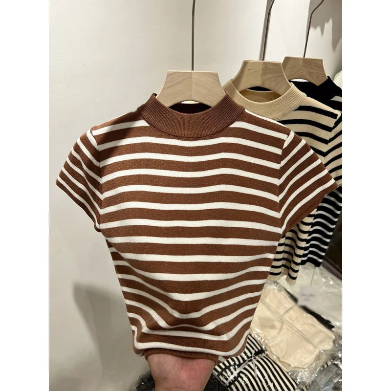 Women’s Striped Mock Neck Knit Top – Slim Fit Cropped Sweater Tee