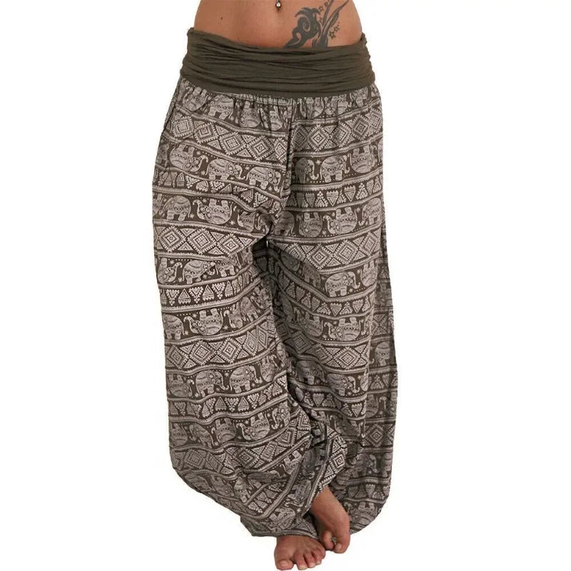 Mystic Geometric Harem Pants – Boho Elephant Print Wide Leg Trousers