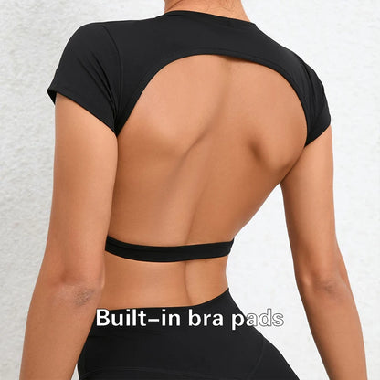 Women’s Backless Sports Crop Top – Slim Fit Yoga & Gym Training Shirt