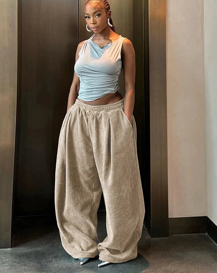 Y2K Wide-Leg Corduroy Pants – High Waist Oversized Streetwear Trousers