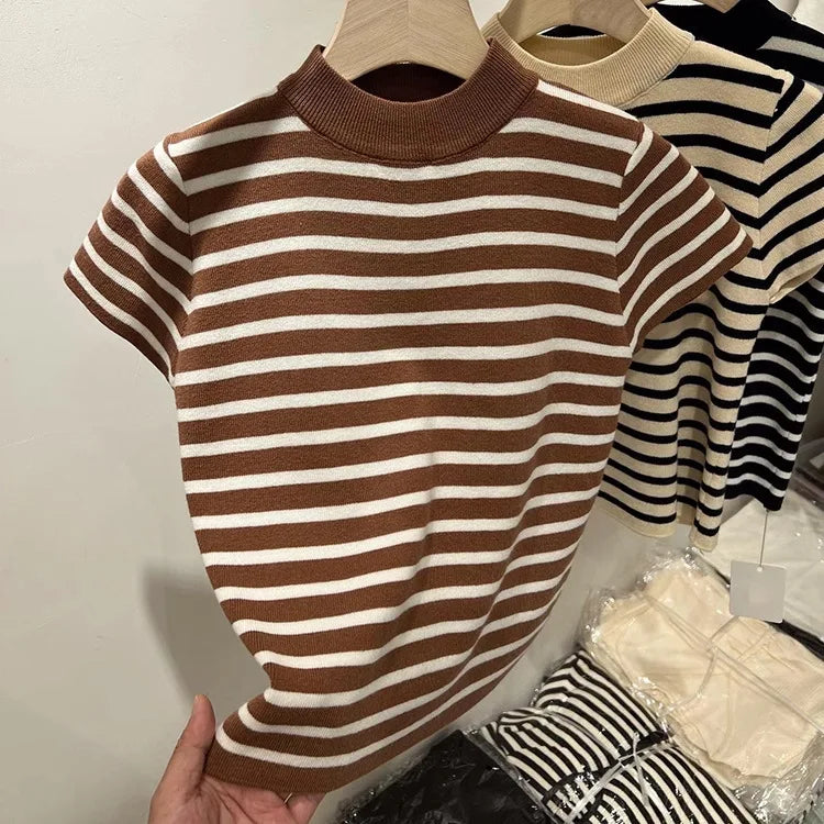 Women’s Striped Mock Neck Knit Top – Slim Fit Cropped Sweater Tee