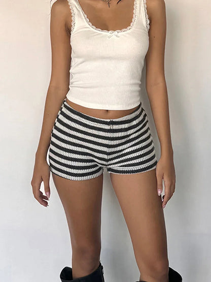 Women’s Stripe Ribbed Knit Shorts – Low Rise Slim Fit Streetwear Shorts