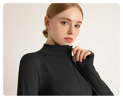 Women’s Stand Collar Yoga Jacket – Slim Fit Zip-Up Gym & Pilates Top with Thumb Holes
