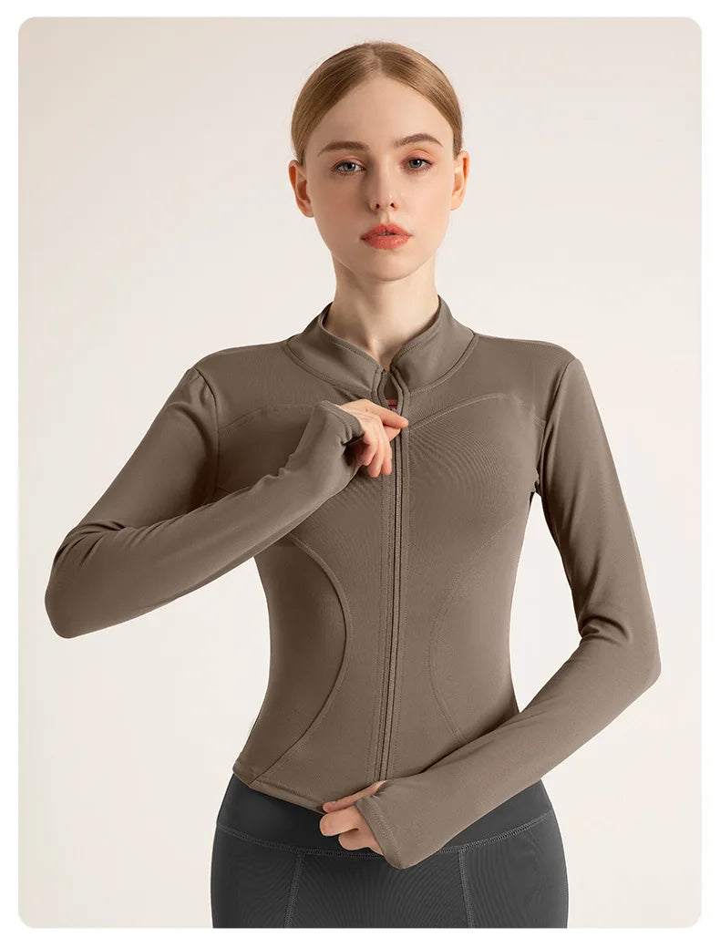Women’s Stand Collar Yoga Jacket – Slim Fit Zip-Up Gym & Pilates Top with Thumb Holes