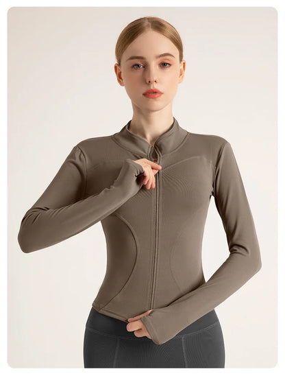 Women’s Stand Collar Yoga Jacket – Slim Fit Zip-Up Gym & Pilates Top with Thumb Holes