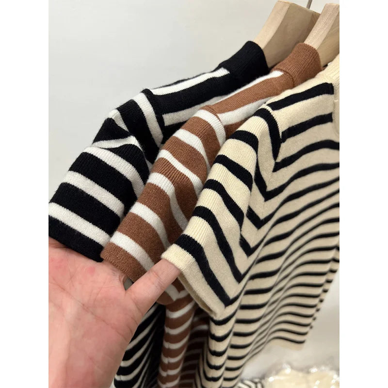 Women’s Striped Mock Neck Knit Top – Slim Fit Cropped Sweater Tee
