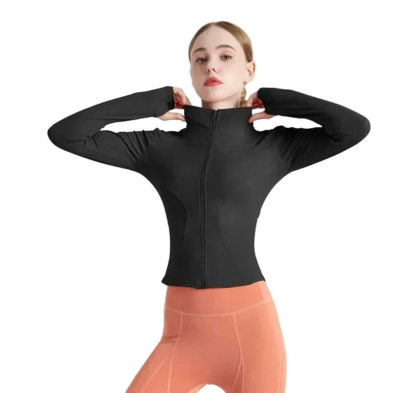Women’s Stand Collar Yoga Jacket – Slim Fit Zip-Up Gym & Pilates Top with Thumb Holes
