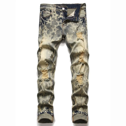 Men’s Distressed Slim Fit Jeans – Punk Rock Star Print Streetwear Denim