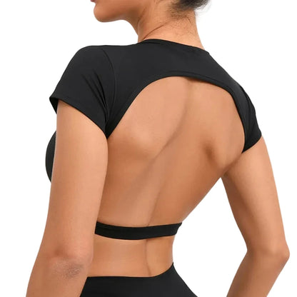 Women’s Backless Sports Crop Top – Slim Fit Yoga & Gym Training Shirt