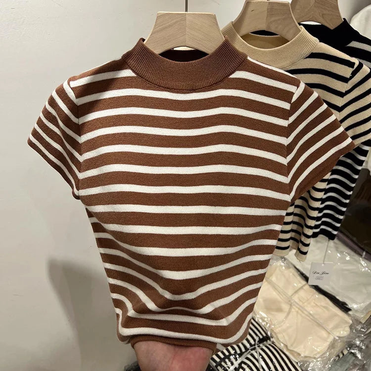 Women’s Striped Mock Neck Knit Top – Slim Fit Cropped Sweater Tee