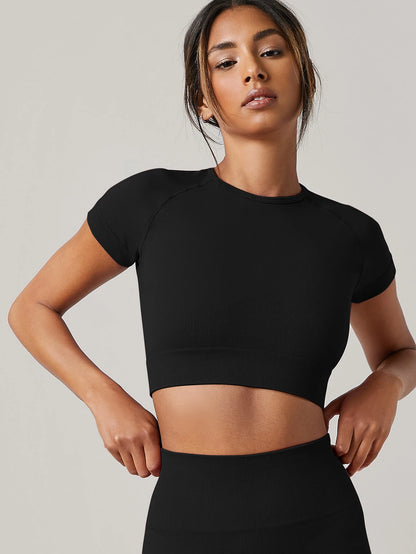 Women’s Seamless Yoga Crop Top – Short Sleeve Slim Fit Gym & Running Tee