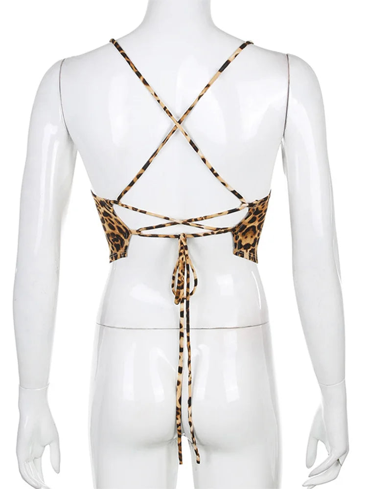 Leopard Lace-Up Crop Top – Backless Rave Streetwear Tank