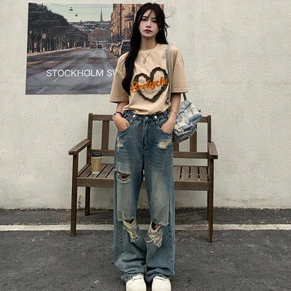 American Retro Hole-Punched Jeans – High Waist Wide Leg Distressed Streetwear Denim