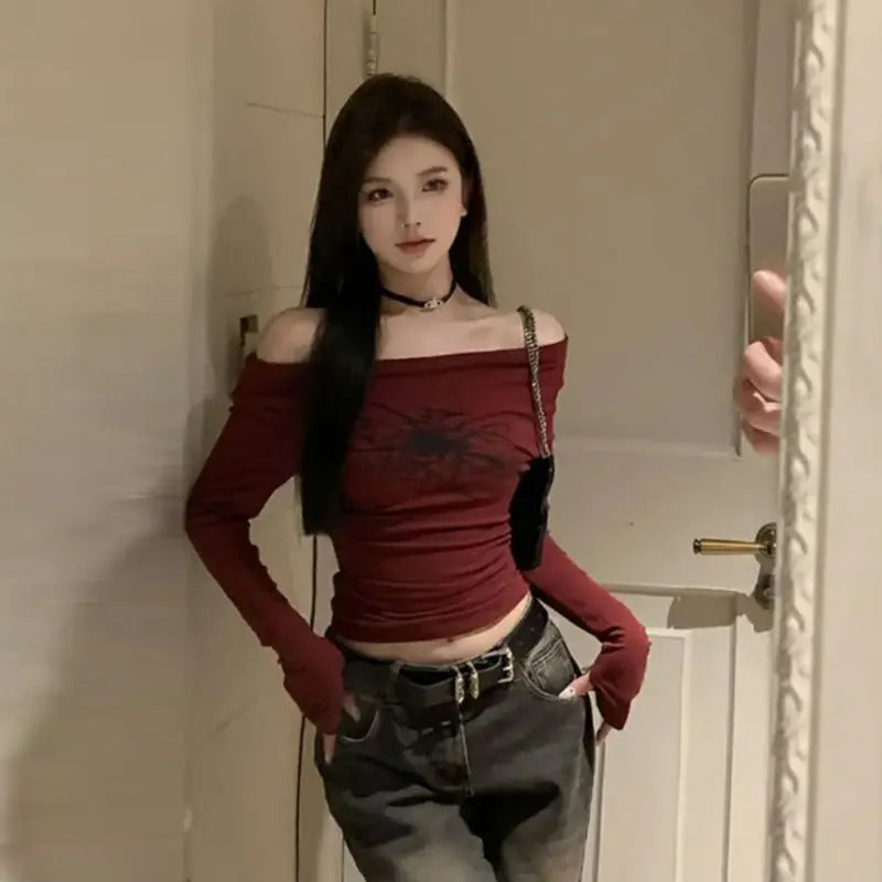 Y2K Gothic Off-Shoulder Top – Grunge Fairycore Long Sleeve Tee