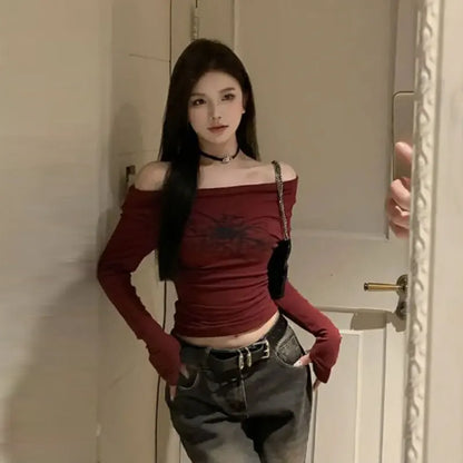 Y2K Gothic Off-Shoulder Top – Grunge Fairycore Long Sleeve Tee