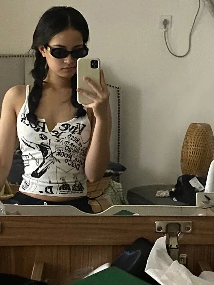 Y2K E-Girl Asymmetrical Crop Tank – Punk Grunge Ribbed Knit Top