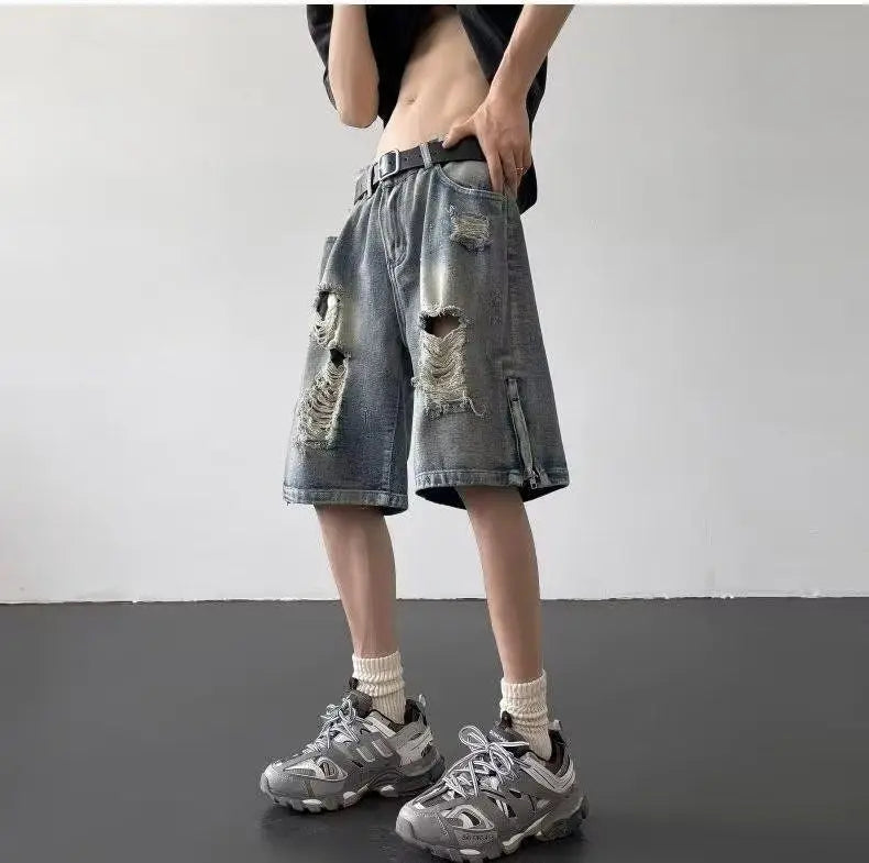 Men’s Ripped Denim Bermuda Shorts – Gothic Streetwear Knee-Length Jorts