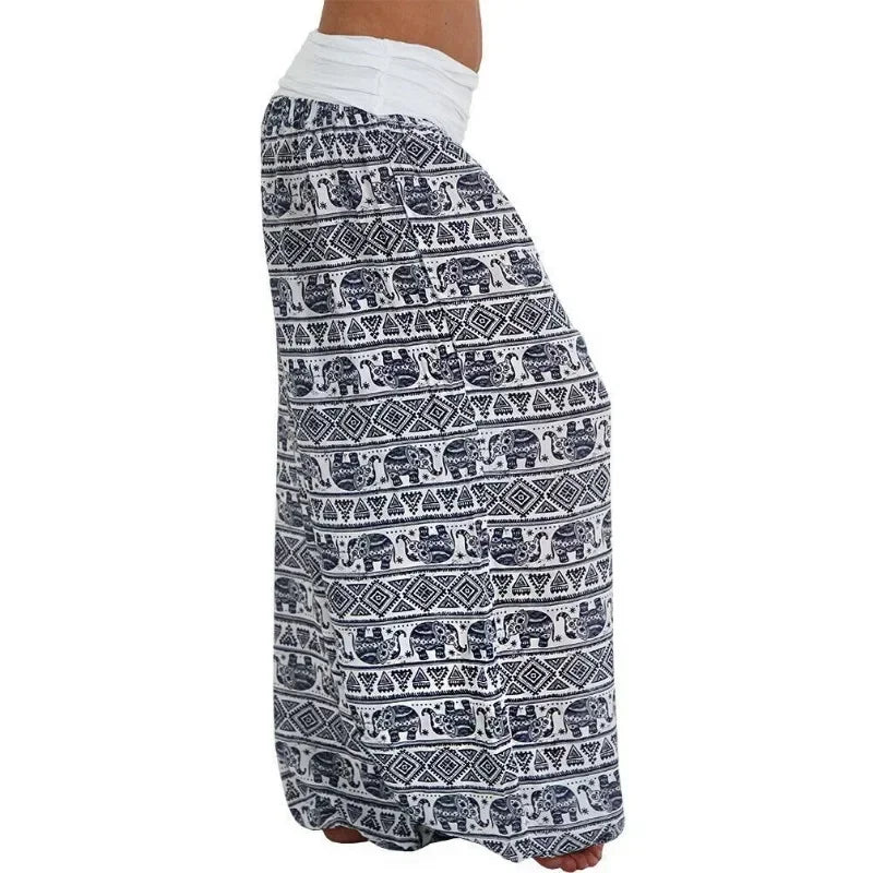 Mystic Geometric Harem Pants – Boho Elephant Print Wide Leg Trousers