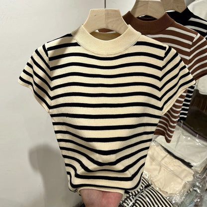 Women’s Striped Mock Neck Knit Top – Slim Fit Cropped Sweater Tee