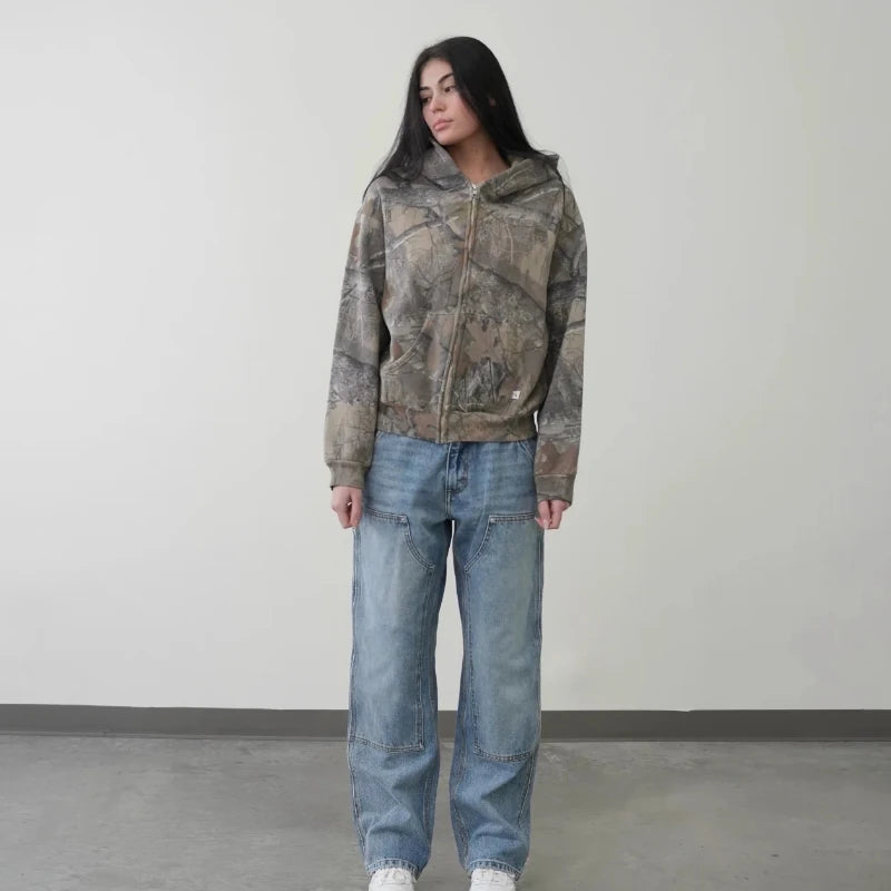 Oversized Camouflage Zip-Up Hoodie – Y2K Hunter Streetwear Jacket