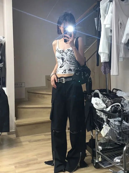 Y2K E-Girl Asymmetrical Crop Tank – Punk Grunge Ribbed Knit Top