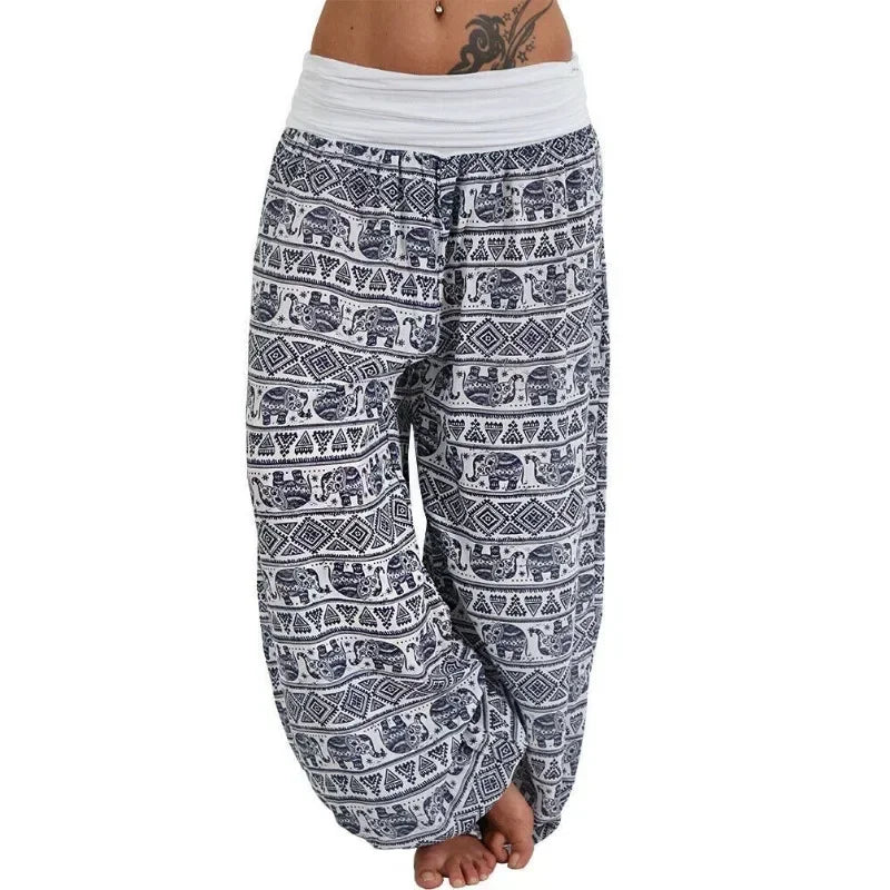 Mystic Geometric Harem Pants – Boho Elephant Print Wide Leg Trousers