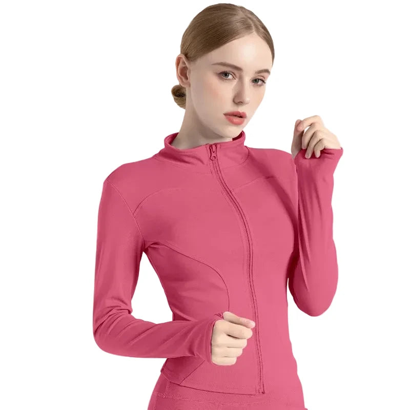Women’s Stand Collar Yoga Jacket – Slim Fit Zip-Up Gym & Pilates Top with Thumb Holes