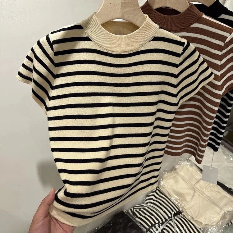 Women’s Striped Mock Neck Knit Top – Slim Fit Cropped Sweater Tee