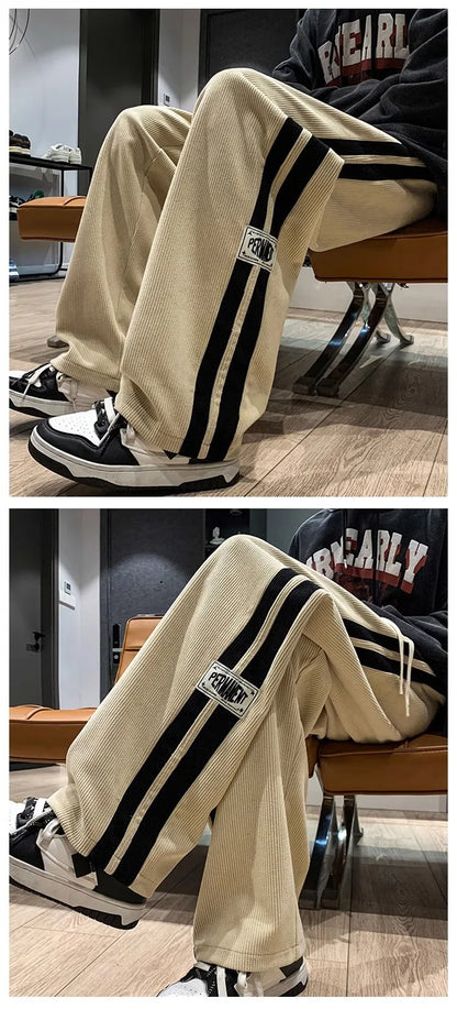 Men’s Wide-Leg Corduroy Pants – Korean Streetwear Striped Loose Trousers